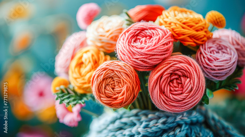Colorful knitting yarn thread creative bouquet. Close up. Knitting shop, hobby, handmade, Yarn for knitting. Needlework. Many colorful balls of wool and cotton yarn for knitting in flowers shape