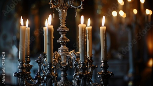 Ornate silver candelabra with intricate detailing, casting a soft glow and creating a romantic atmosphere.