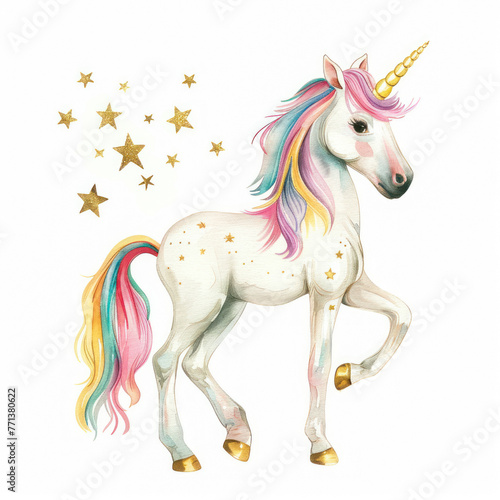 Cute Unicorn Watercolor illustration, pastel and candy colors for girls princess poster. Sticker of magical cartoon unicorns isolated on white background. Trendy cartoon baby horse. Birthday print