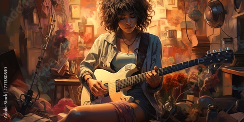 A woman is playing a guitar in a messy room