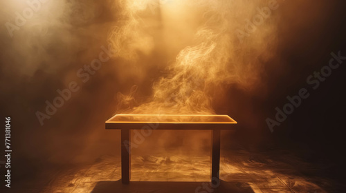 Wooden Table In A Empty Room With Smoke. Table Template For Presentation Product
