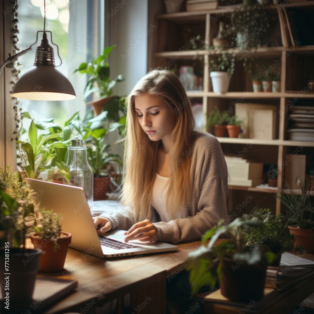 Young woman working on laptop in home office surrounded by plants Young woman working on laptop in home office surrounded by plants