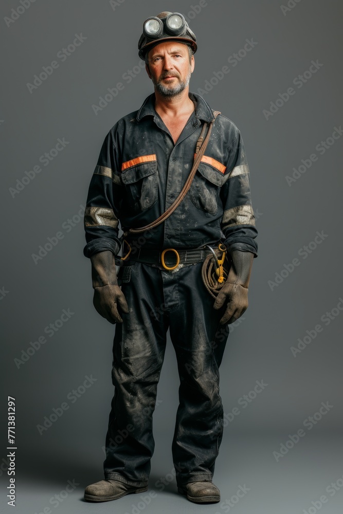 Middle-aged male miner holding a helmet with a headlamp and carrying heavy tools, standing confidently. Middle-aged male miner holding a helmet with a headlamp and carrying heavy tools, standing confidently.
