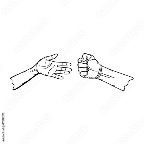 open hand and clenched fist black and white vector illustration