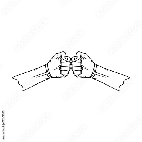 right and left hands clenched into fists black and white line art vector illustration