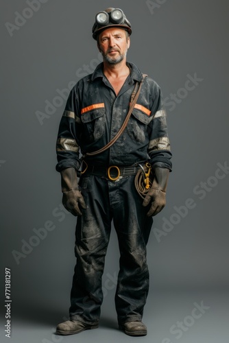 Middle-aged male miner holding a helmet with a headlamp and carrying heavy tools, standing confidently.