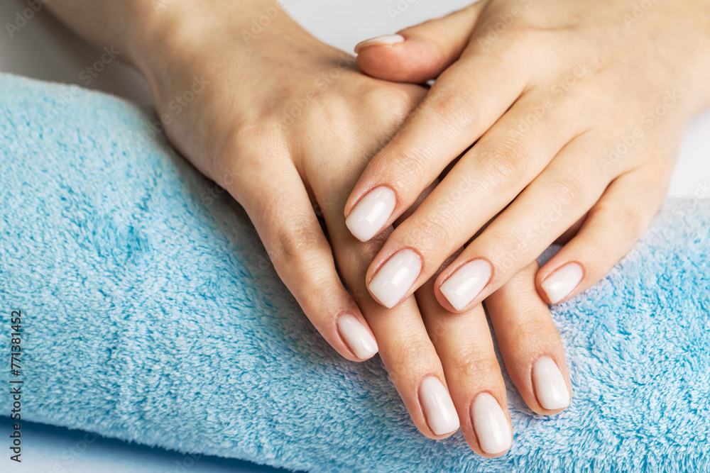 Beautiful Woman Hands . Spa and Manicure concept. Female hands with pink manicure.