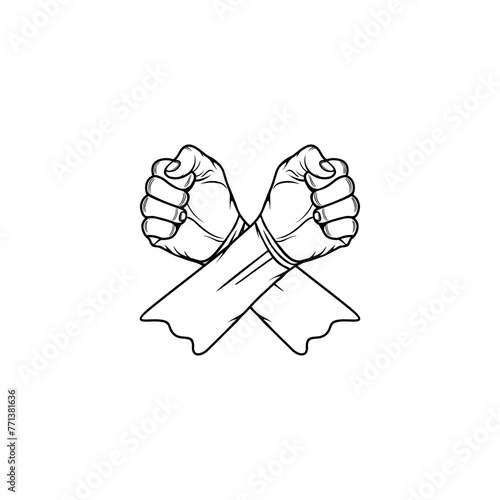 right hand left fist crossed black and white line art