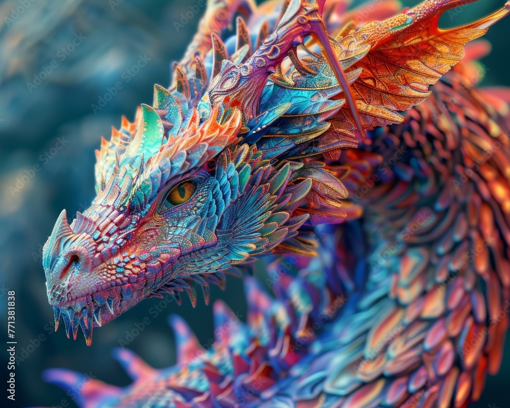 A colorful, intricately detailed dragon, exuding a fierce yet majestic aura