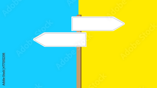 A signpost with two blank directional signs pointing in opposite directions, set against a striking split background of blue and yellow, suggesting decision-making or divergent paths