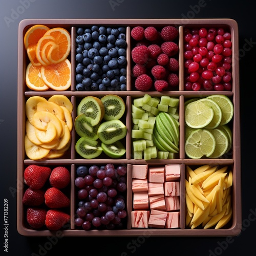 A wooden box filled with colorful fruits and vegetables