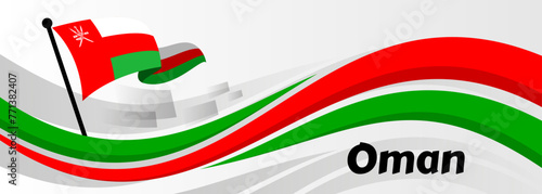 Oman ribbon flag. Bent waving ribbon in colors of the Oman national flag. National flag background.

