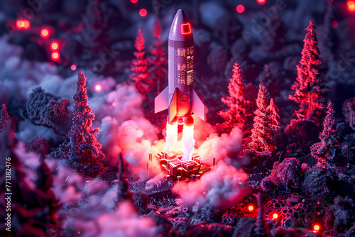 Space rocket taking off from a wintry forest landscape with red lights and smoke