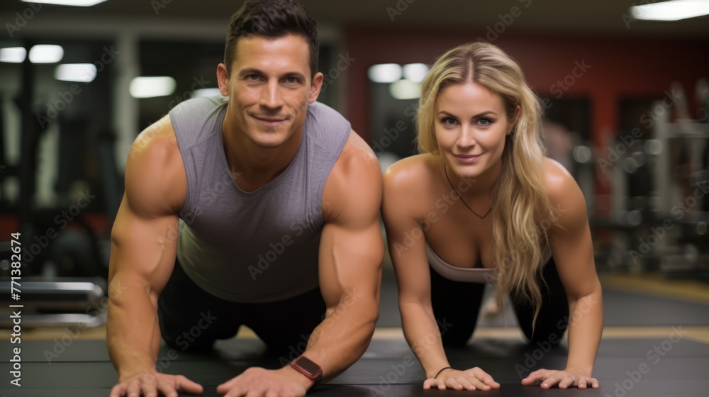 A man and a woman doing push-ups in a gym