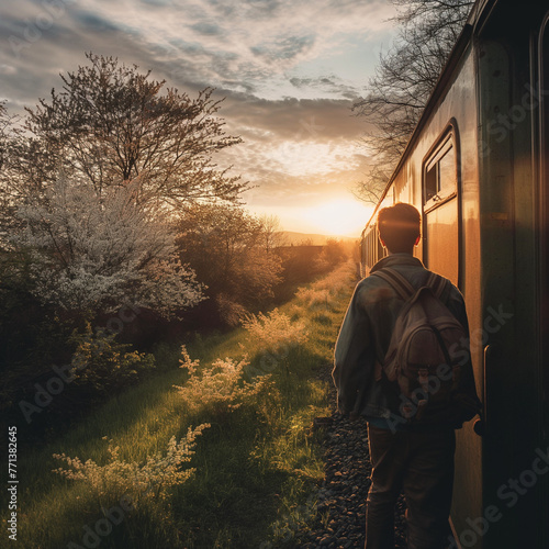 A man is travelling on a weekend train from the city to the countryside, it's spring, buds are blossoming on the trees, it's a sunny day, there's joy and hope