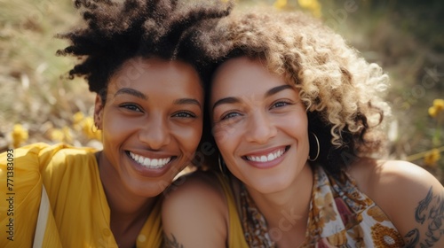 Two young multiracial women with curly hair smiling at the camera
