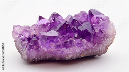 Gemstone, Shiny amethyst on white background, bright light shiny luxury amethyst on white background. A close-up of the king of gemstones, a large shiny amethyst that shines brightly. For Jewelry. 
