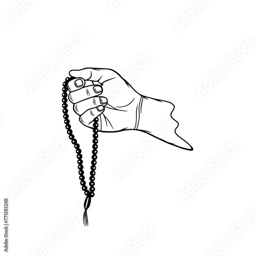 hand holding prayer beads black and white vector illustration