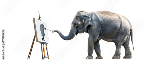 An elephant painting a picture with its trunk isolated on white background