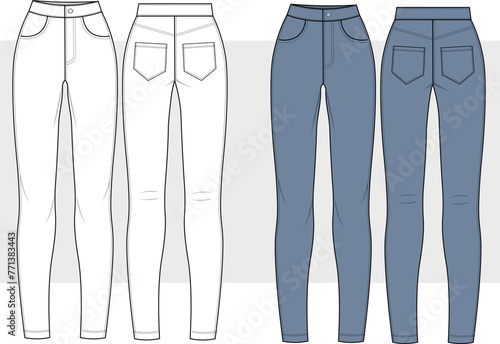 Slim fit - high waisted denim technical drawing vector, women skinny jean. Fashion sketch of pants front and back view. fashion illustration.