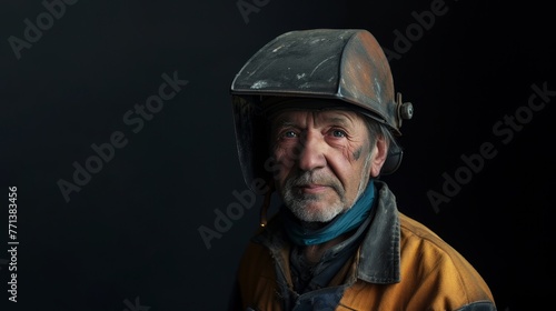 Portrait of an experienced welder with a worn helmet, reflecting years of skill and dedication.