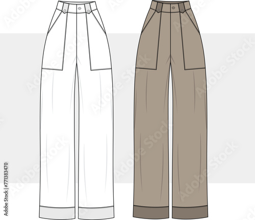 WIDE LEG SLOUCHY palazzo pants, high waist trouser wide leg palazzo pant flat sketch vector illustration. Big Pockets Baggy women Trouser 