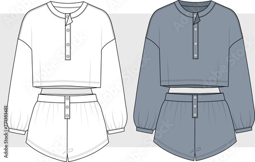 women round henley neck long sleeves with high waisted short and sweatshirts set technical drawing flat sketch vector fashion illustration. 
