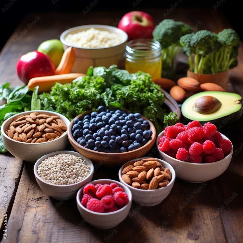A variety of healthy food on a wooden table A variety of healthy food on a wooden table
