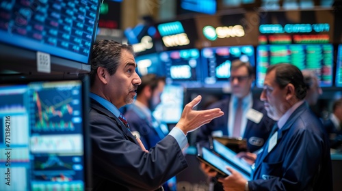 Animated Stock Trader Gesturing in Exchange Room