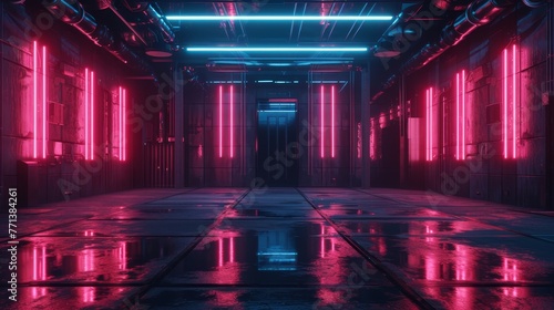 Atmospheric industrial interior with neon red lighting and mist creating a dramatic effect.