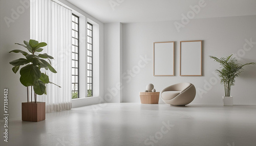 large white room in a luxurious loft. interesting wall design with plants, picture frames, atmospheric light, for presentations, product design and art