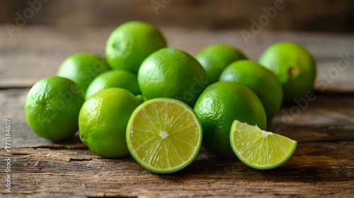 Close up of fresh Limes on a rustic wooden Table