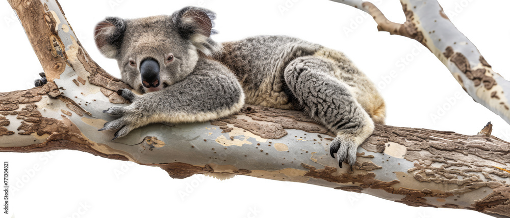 Koala bear lounging in a tree isolate on transparent background, cutout, png Koala bear lounging in a tree isolate on transparent background, cutout, png