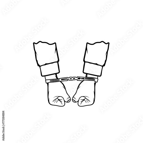 both handcuffed hands facing front black and white vector illustration