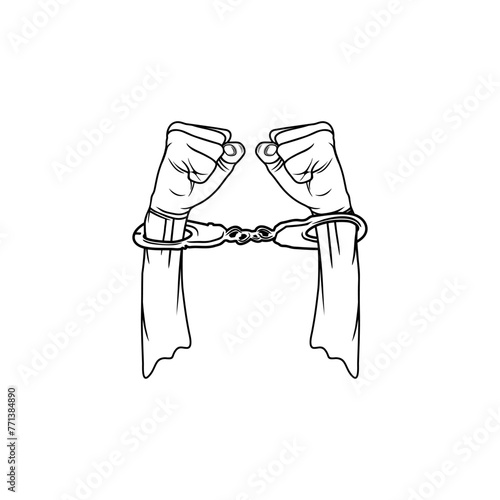 showing both hands handcuffed upwards black and white vector illustration