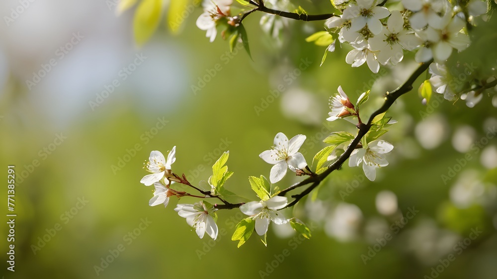 White flowers in spring time with green leaves and blur background White flowers in spring time with green leaves and blur background