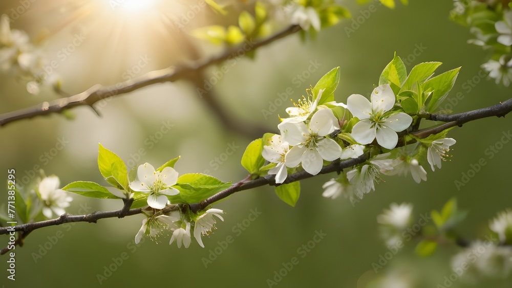 White flowers in spring time with green leaves and blur background White flowers in spring time with green leaves and blur background