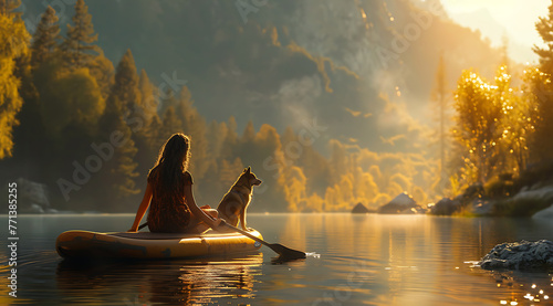 young woman sitting on a paddle board with a dog on t 37858346-8f31-4252-8b60-a41d717ce2a5 0 photo