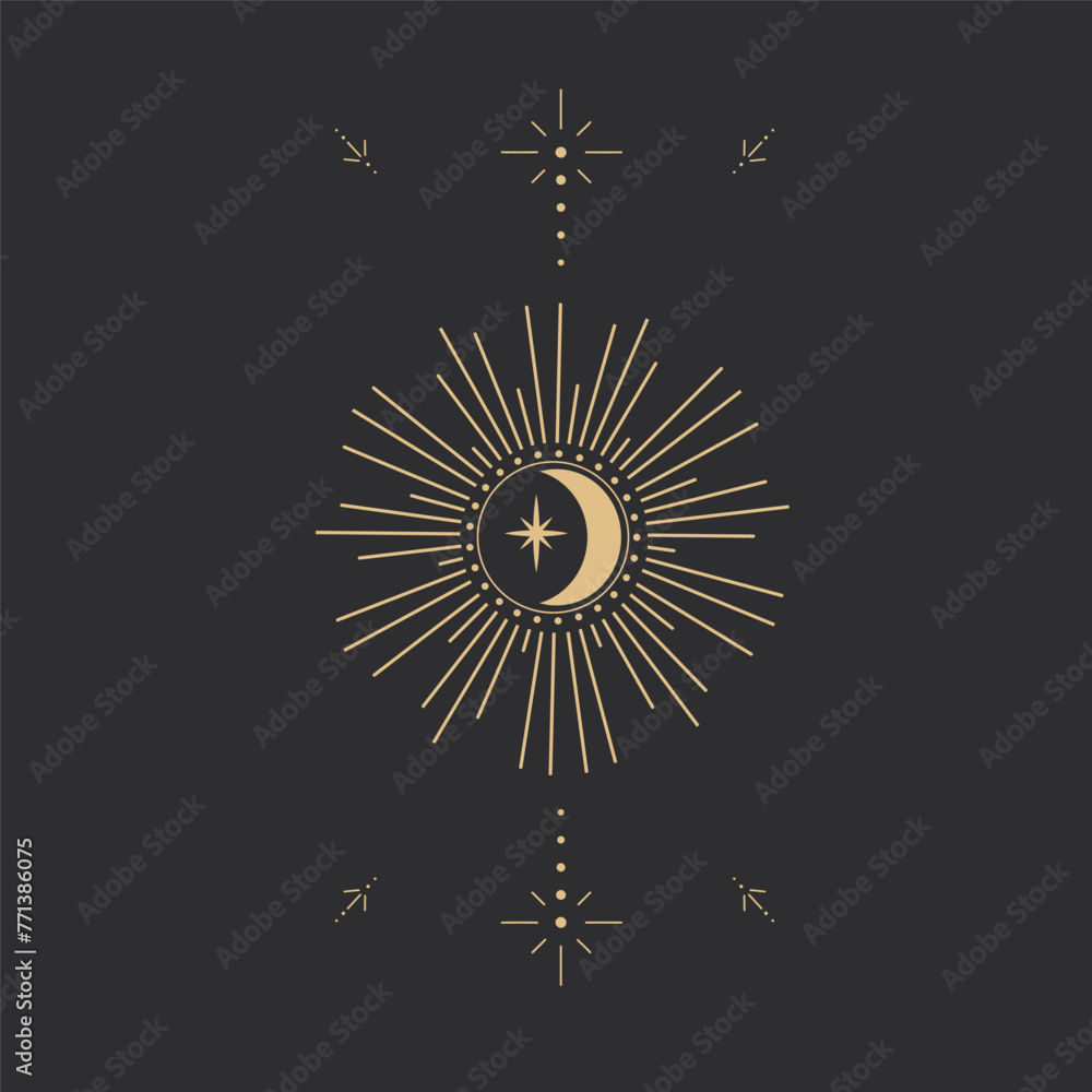 Gold moon with rays celestial tattoo or tarot astrology magic element, stars, burst minimal line border or decoration isolated on dark background. Space symbols, emblem. Gold moon with rays celestial tattoo or tarot astrology magic element, stars, burst minimal line border or decoration isolated on dark background. Space symbols, emblem.
