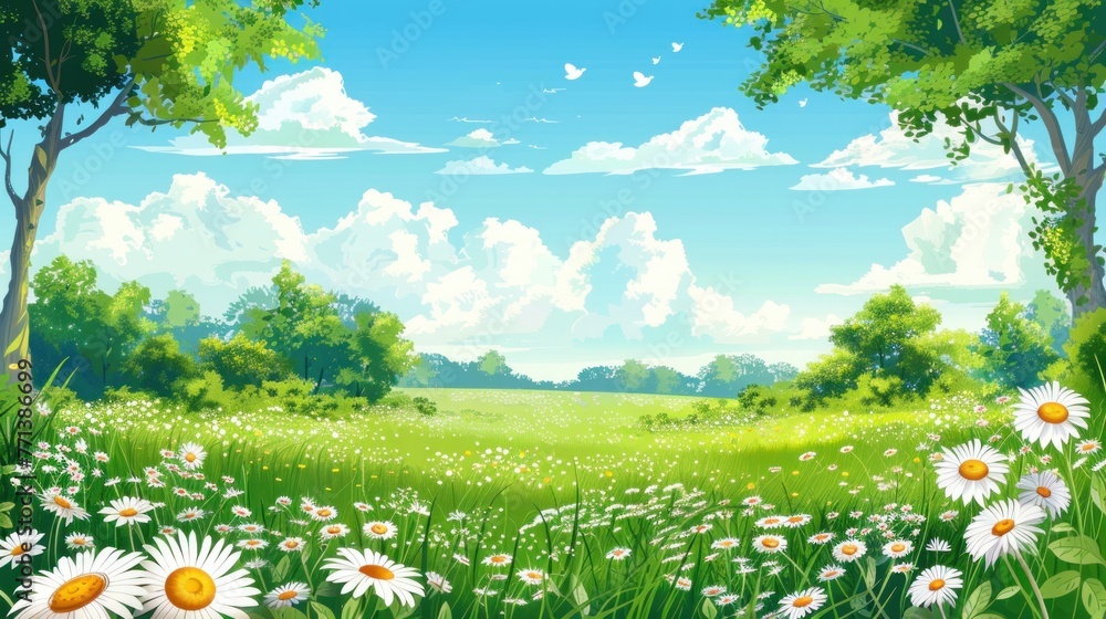 Natural summer panorama landscape with meadow flowers and daisies in the grass.