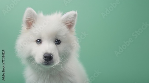 close-up of a cute samoyed puppy on a green background  gazing directly at the camera in a professional photo studio setting. Perfect for a pet shop banner or advertisement