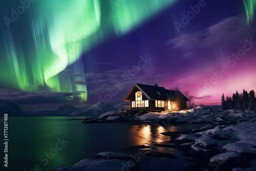 Northern lights display in the polar circle, vibrant and intense aurora borealis illumination