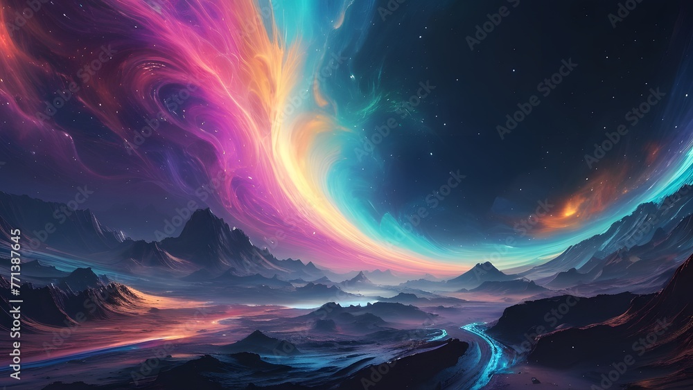 Colorful interstellar view among mountain ranges