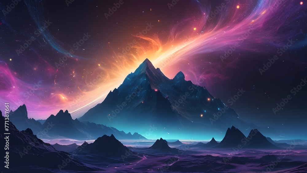 Cosmic panorama with mountain backdrop