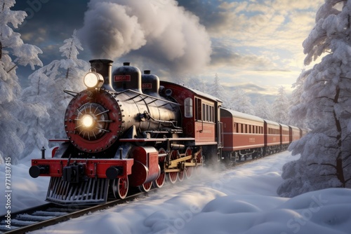 Vintage steam locomotive slowly moving through snowy fairytale landscape