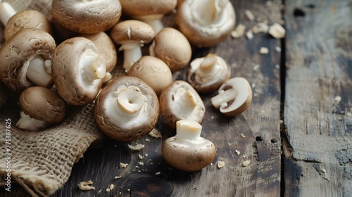 Close up of fresh Mushrooms on a rustic wooden Table
