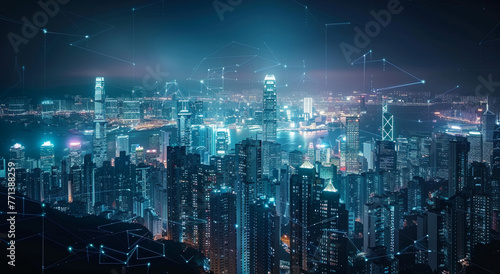 Glowing skyscrapers illuminate the futuristic cityscape at night  AI Generative.