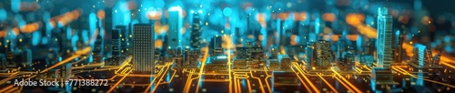 A conceptual visualization of a smart city with glowing structures on a digital circuit board, symbolizing urban technology integration concept. AIG41