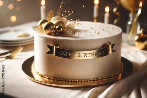 Luxurious White and Gold Birthday Cake with Elegant Toppings