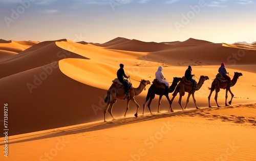Three silhouetted individuals ride camels across the desert with sun setting behind dunes, emphasizing a journey in a remote location